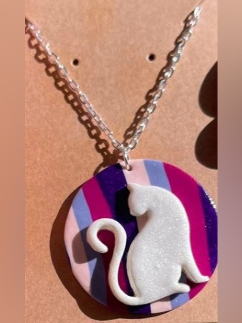 Boho Coastal Handmade and Hand painted Clay Cat pendant necklace